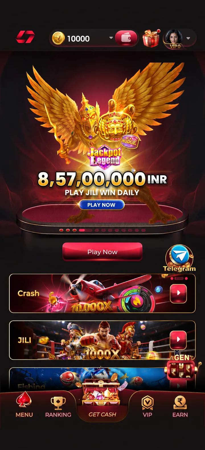 IN7 game app home screen showing the Jackpot Legend banner and the Crash, JILI and Fishing category rails