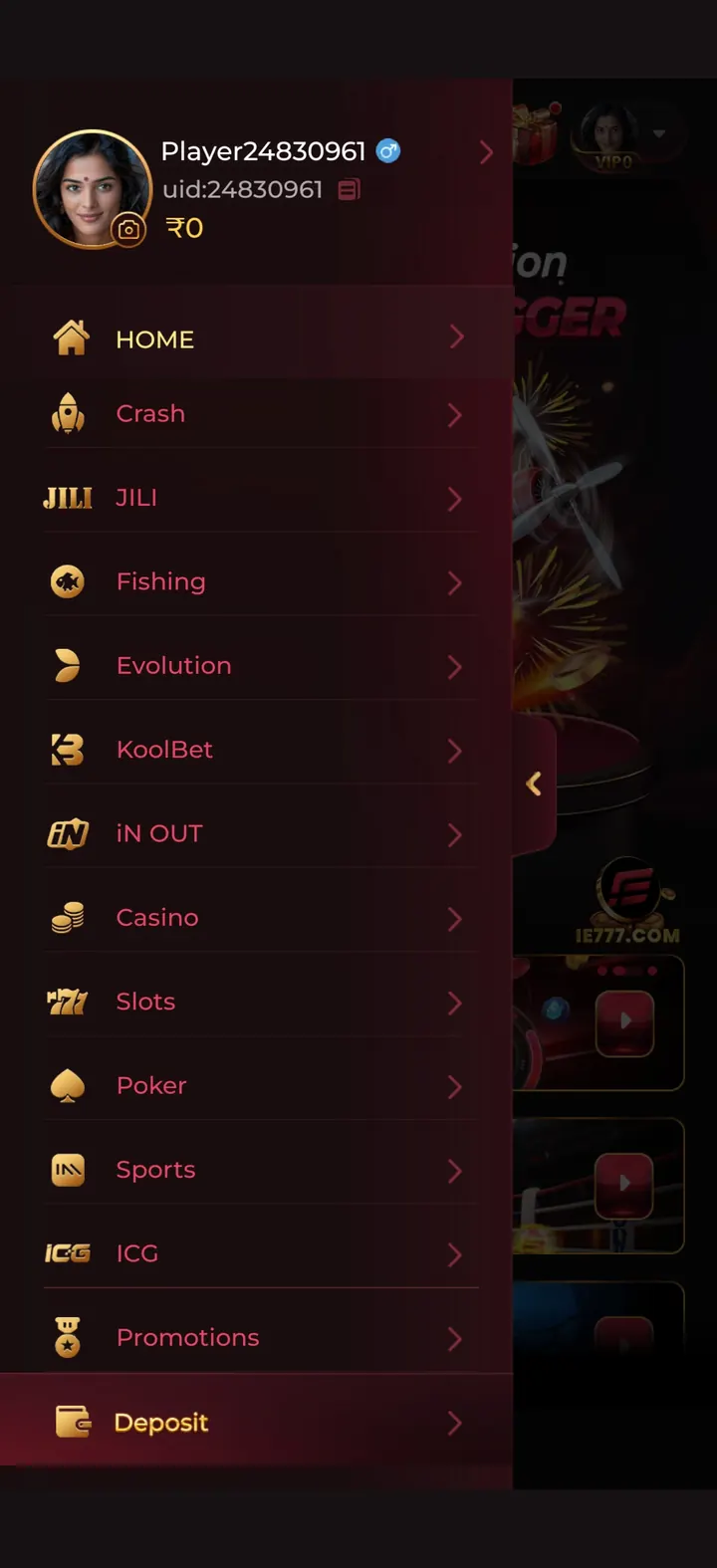 IN7 app side menu listing every game lobby