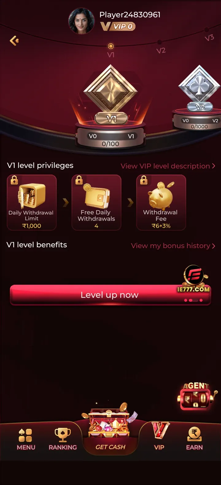 IN7 app VIP levels screen showing withdrawal privileges