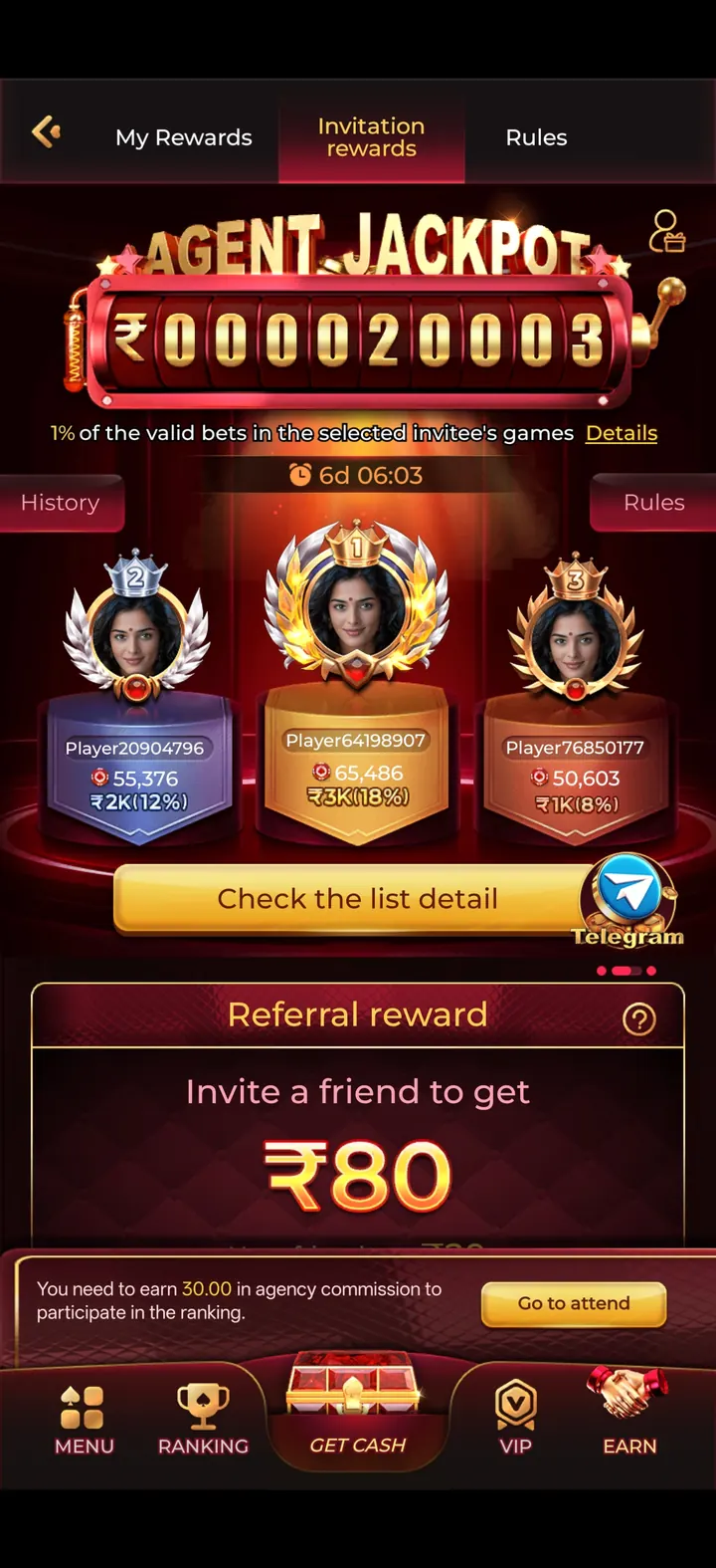 IN7 app Agent Jackpot and referral leaderboard screen